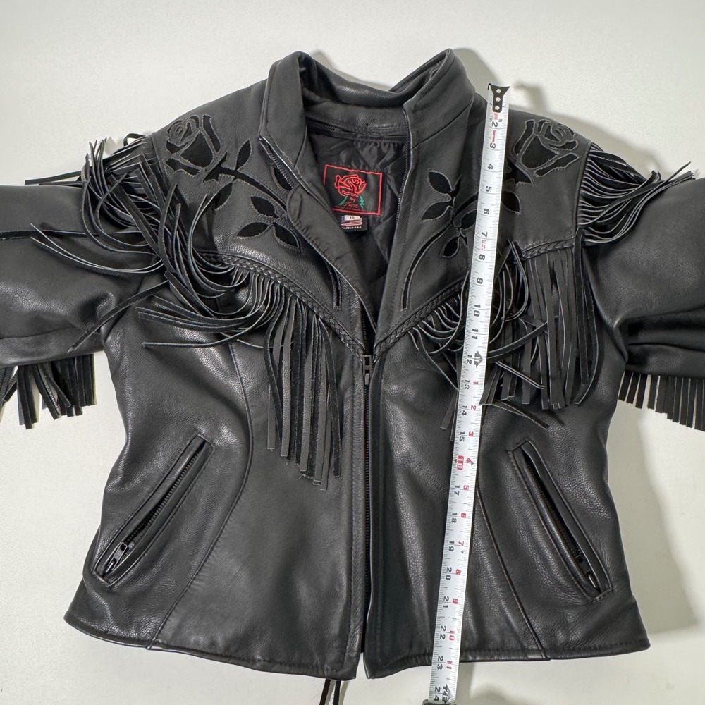 Fashions by Rose Vintage Black Leather Fringe Western Biker Jacket Floral US 16 - Picture 8 of 9